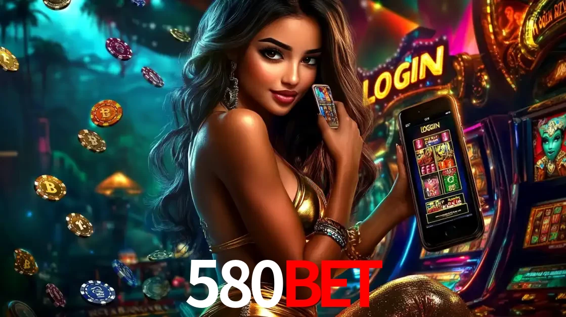 Mulher em um cenário de cassino temático de aventura, mostrando o app de caça-níqueis da 580BET no celular. Fichas de apostas flutuam ao redor.