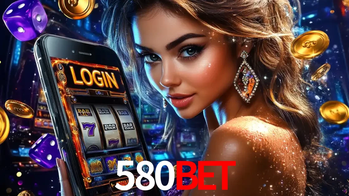 Mulher glamorosa segurando um smartphone com a tela de login para os jogos de caça-níqueis do cassino online 580BET, com moedas de ouro e dados ao redor.