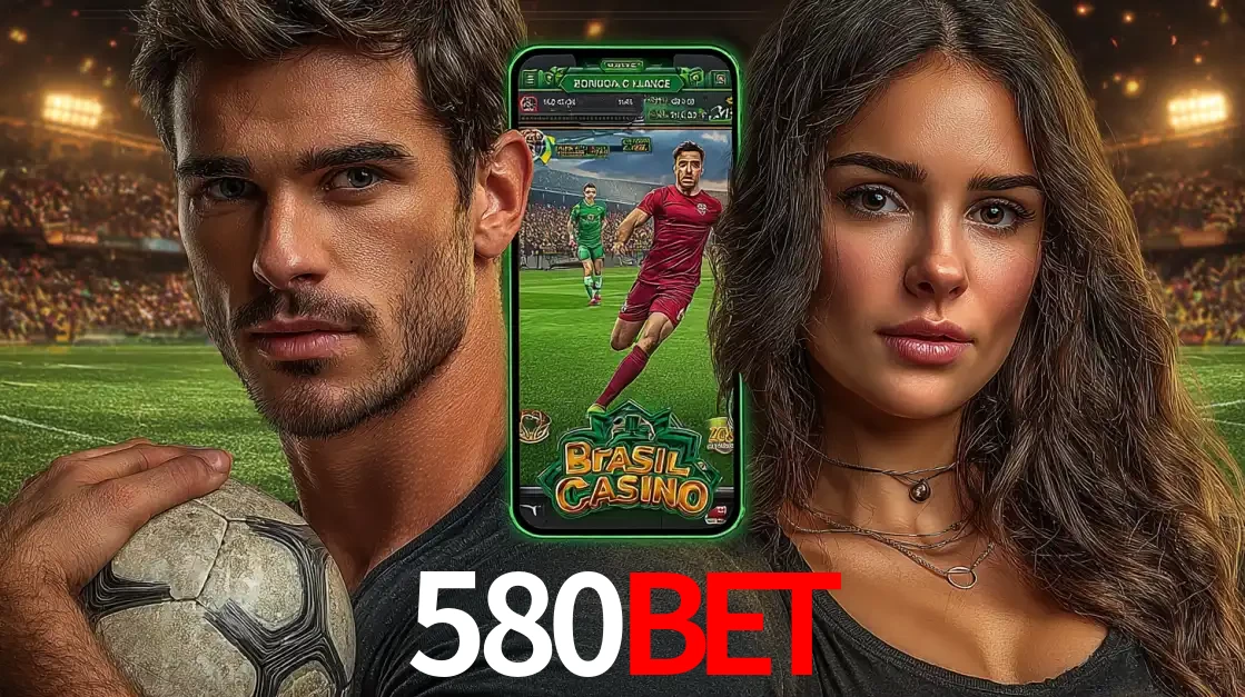Homem segurando uma bola de futebol e uma mulher ao lado de um smartphone exibindo o jogo de apostas esportivas da 580BET. Faça seu palpite no cassino online.